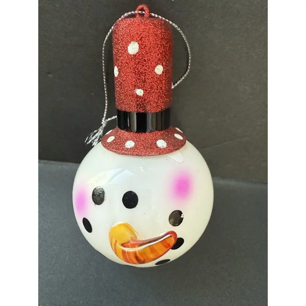 Handblown Glass Snowman Head Face Christmas Ornament Artisan Holiday Cottagecore